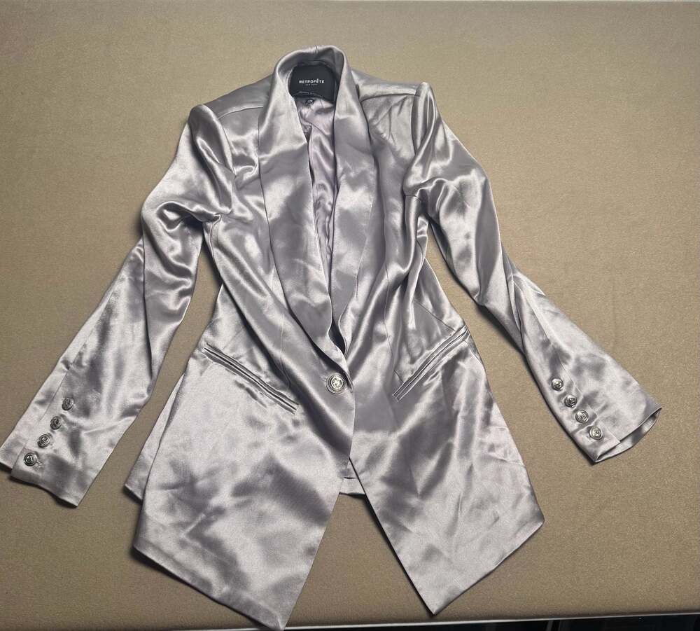 Retrofête New York Silver Satin Single-Breasted Blazer with Logo Buttons